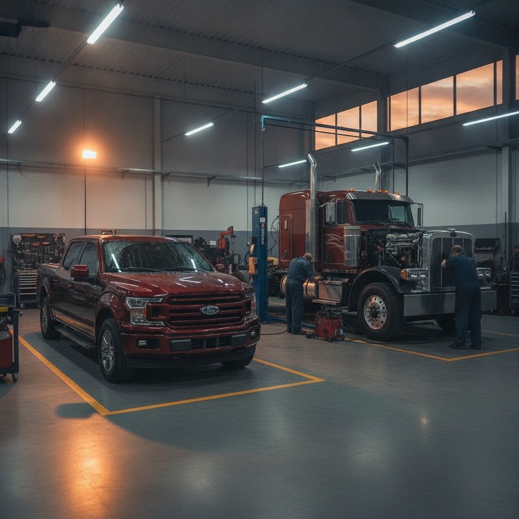 Red Barn Customs shop bay with a freshly custom-painted truck and a diesel truck being serviced